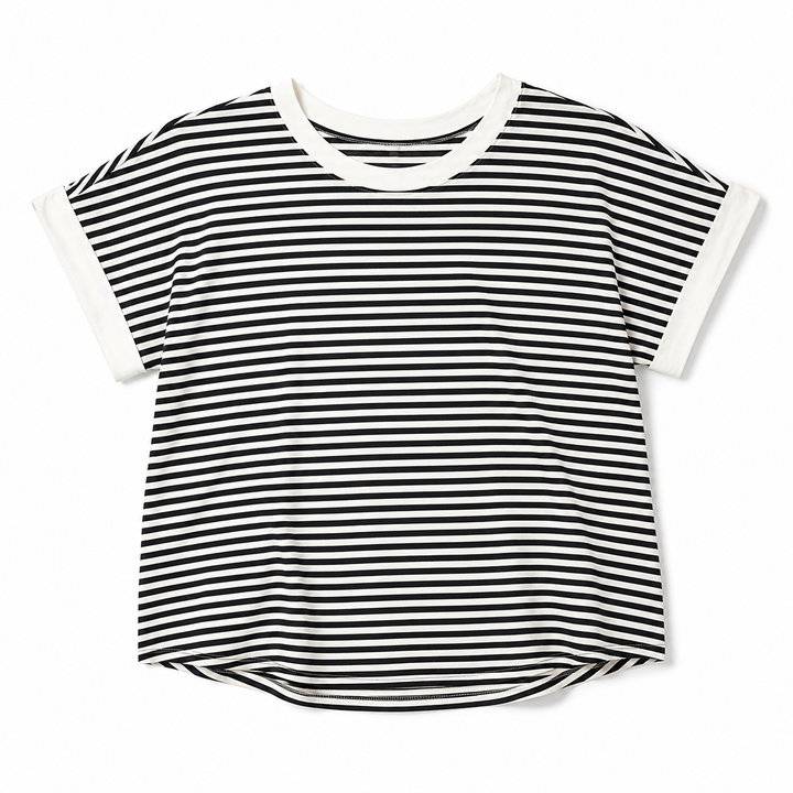 Black and white striped t-shirt on a white background