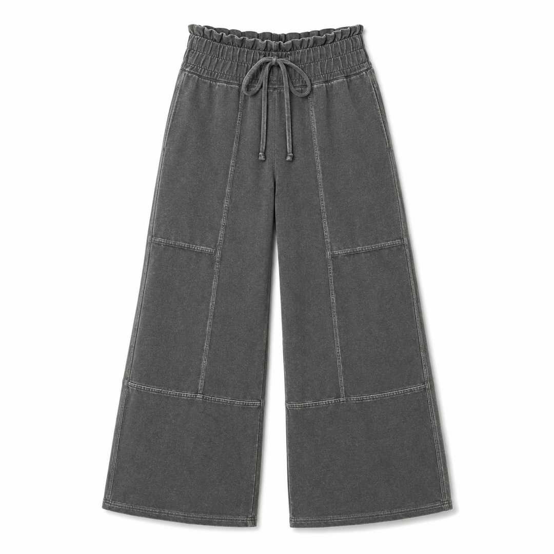Black wide-leg pants with drawstring waist on a white background