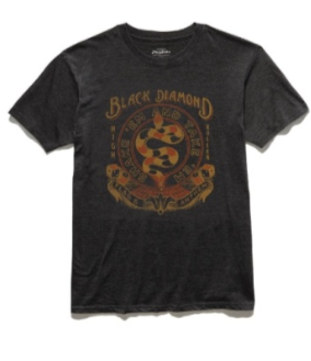 Black t-shirt with a logo and text on a white background