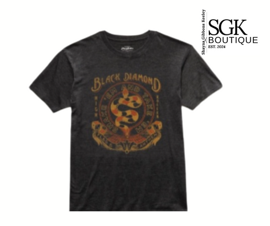 Black t-shirt with 'Black Diamond' design and SGK Boutique logo on a white background