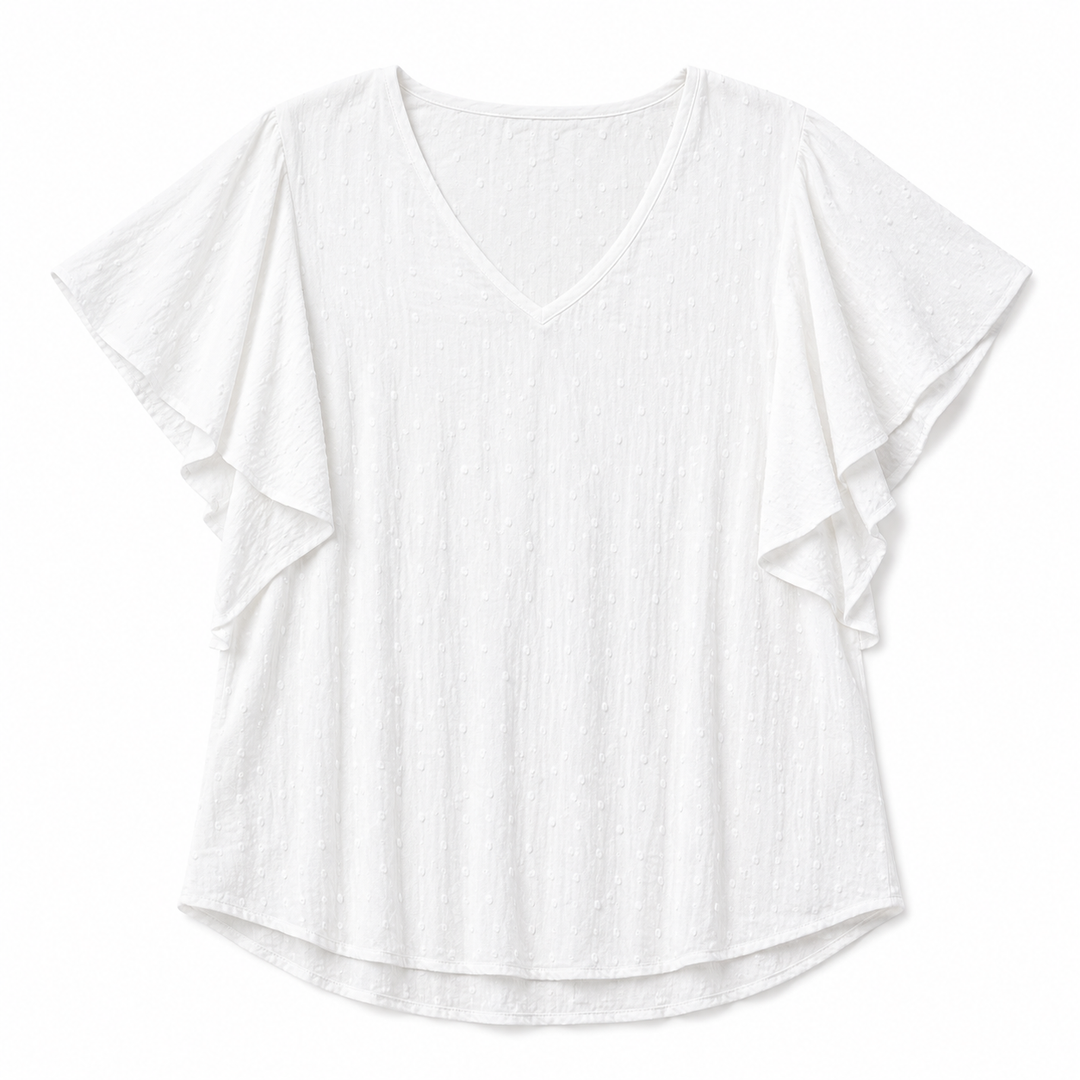 White blouse with ruffled sleeves on a white background
