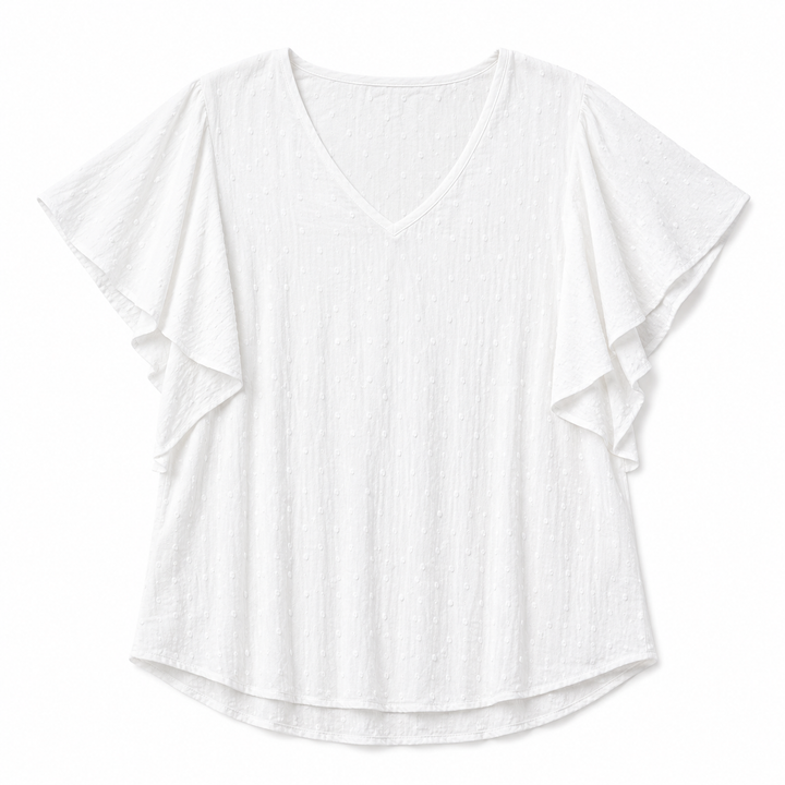 White blouse with ruffled sleeves on a white background