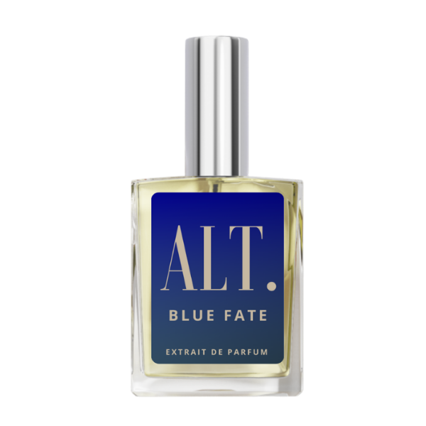 Perfume bottle labeled 'ALT. Blue Fate' on a white background