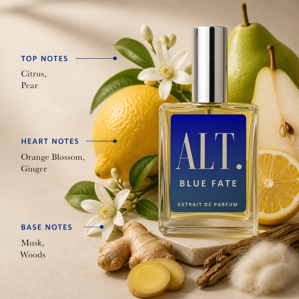 Perfume bottle labeled 'ALT. Blue Fate' with citrus, pear, orange blossom, ginger, musk, and wood notes on a neutral background.