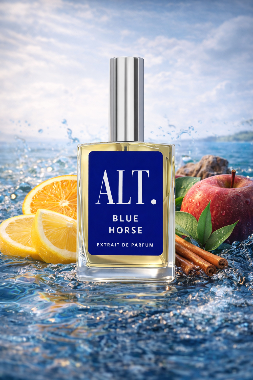 Perfume bottle labeled 'ALT. Blue Horse' with fruits and water in the background