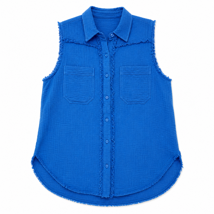 A bright blue sleeveless button-up shirt with a pointed collar, two chest pockets, and frayed, raw-edge detailing along the front placket, cuffs, and hem, shown flat on a white background.