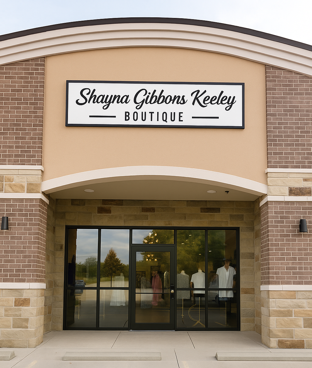Boutique entrance with 'Shayna Gibbons Keeley Boutique' sign.