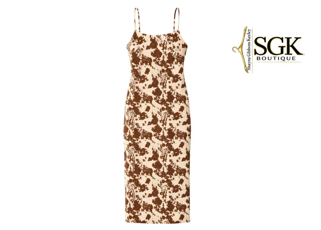 Patterned dress with brown and beige design on a white background, featuring the SGK Boutique logo.