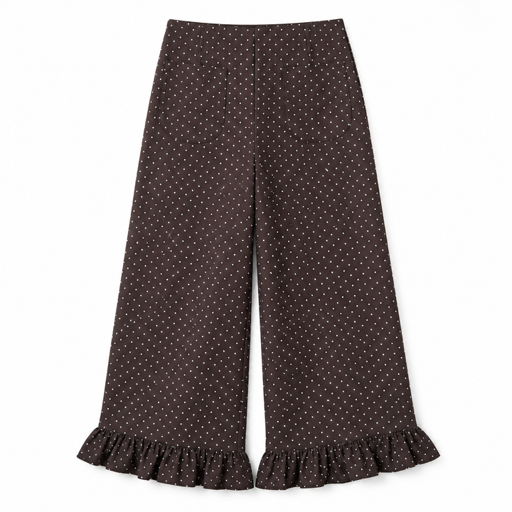 Dark brown wide-leg cropped pants with a small white polka dot pattern and ruffled hems, shown flat on a white background.