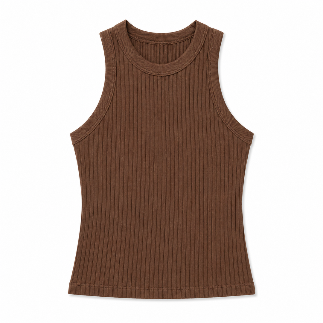 Brown ribbed tank top on a white background