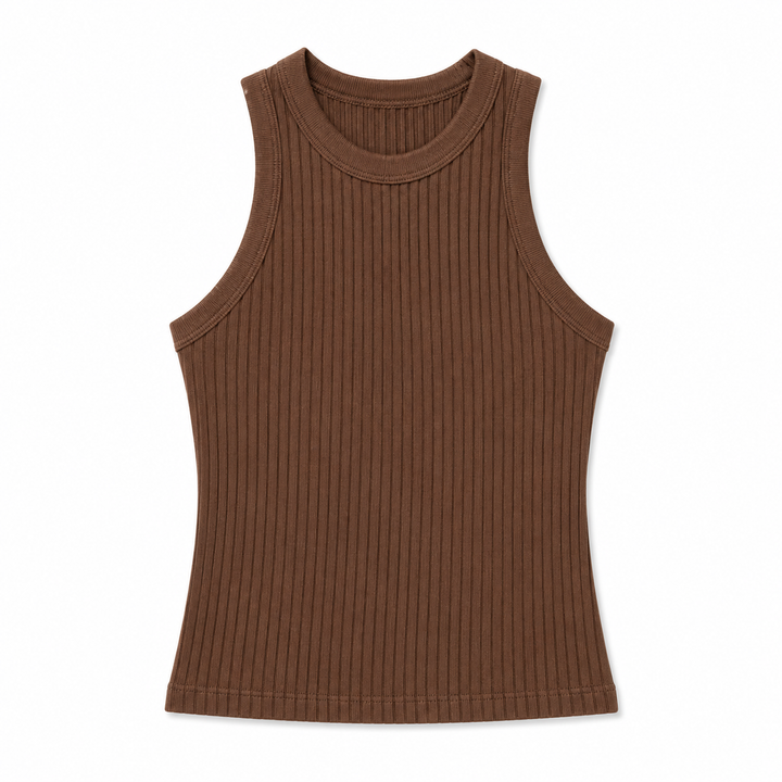 Brown ribbed tank top on a white background
