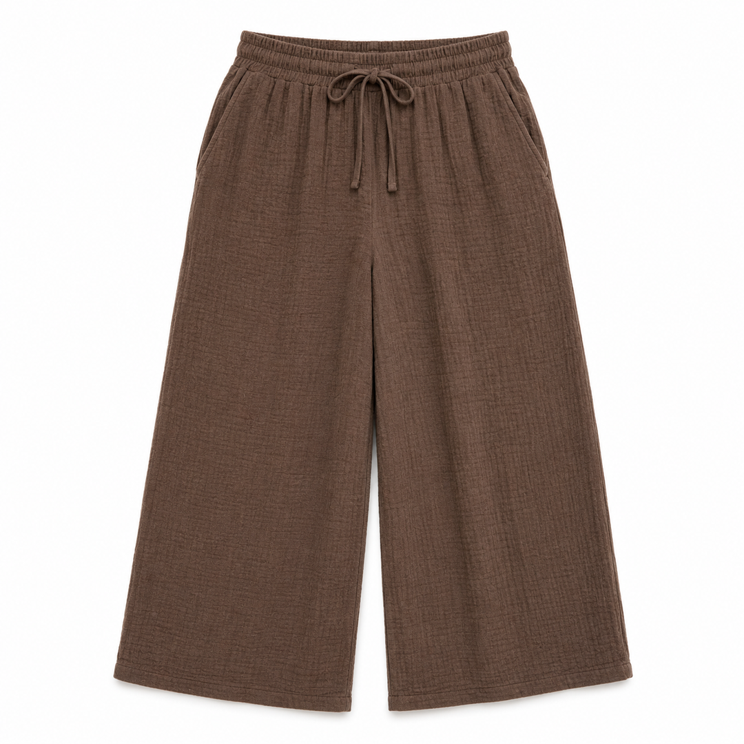 Brown wide-leg pants with drawstring waist on a white background