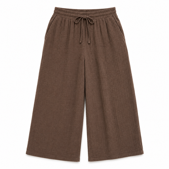 Brown wide-leg pants with drawstring waist on a white background
