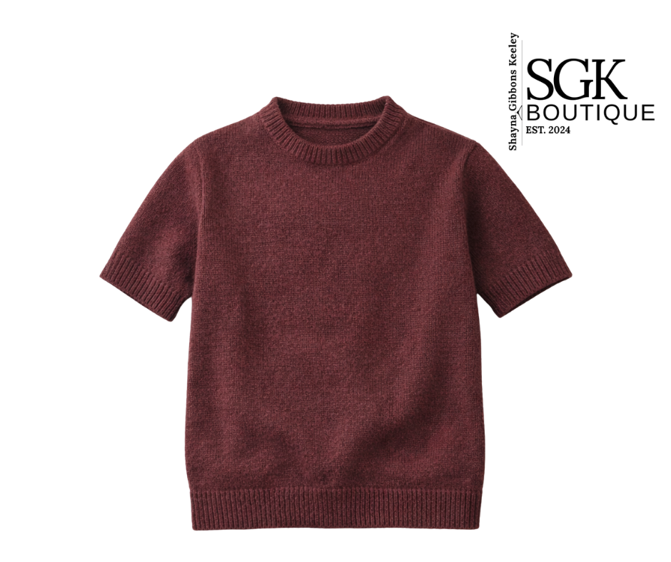 Brown sweater on a white background with SGK Boutique logo.