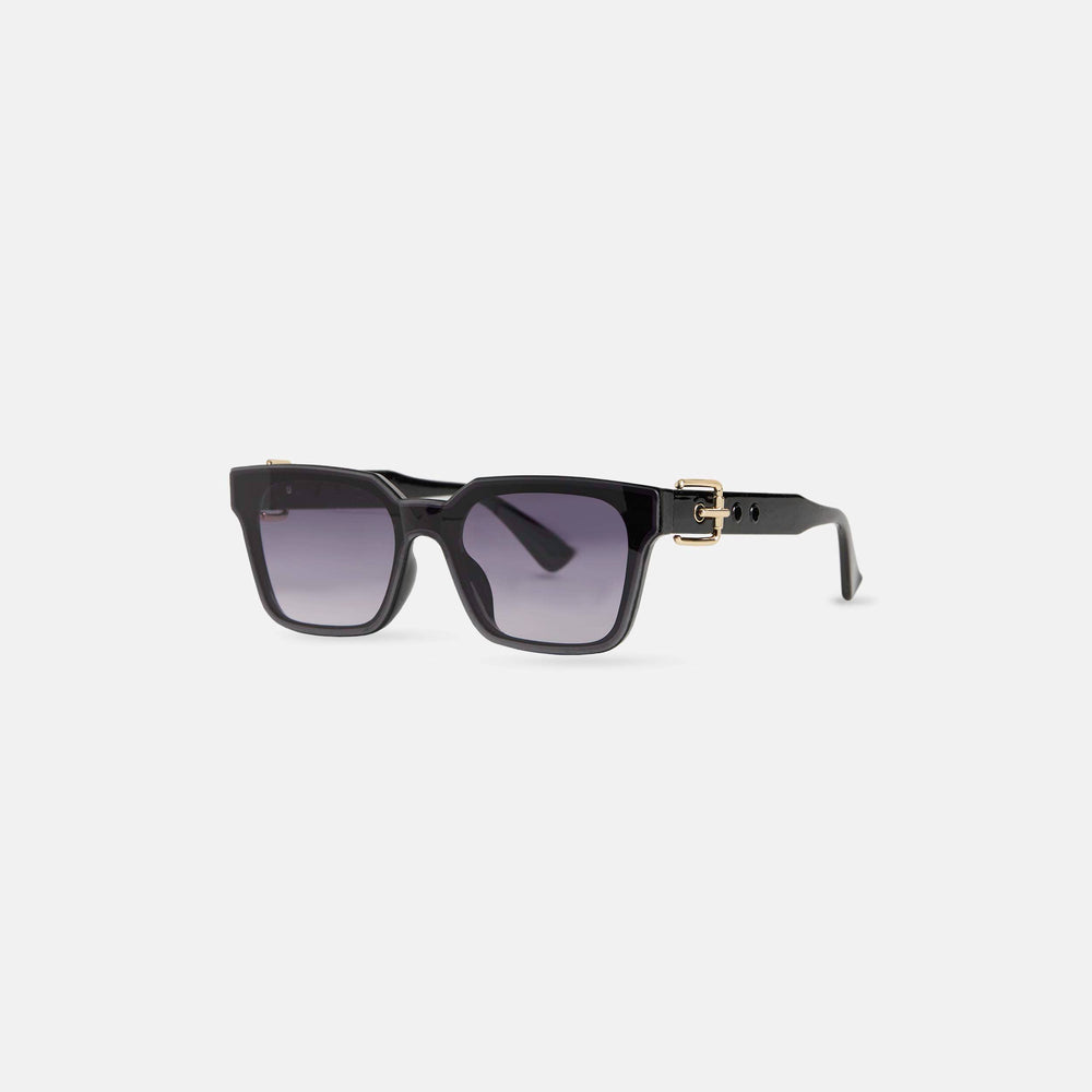 Black sunglasses with gold accents on a white background