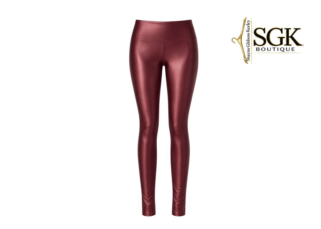 Maroon leggings on a white background with SGK Boutique logo.