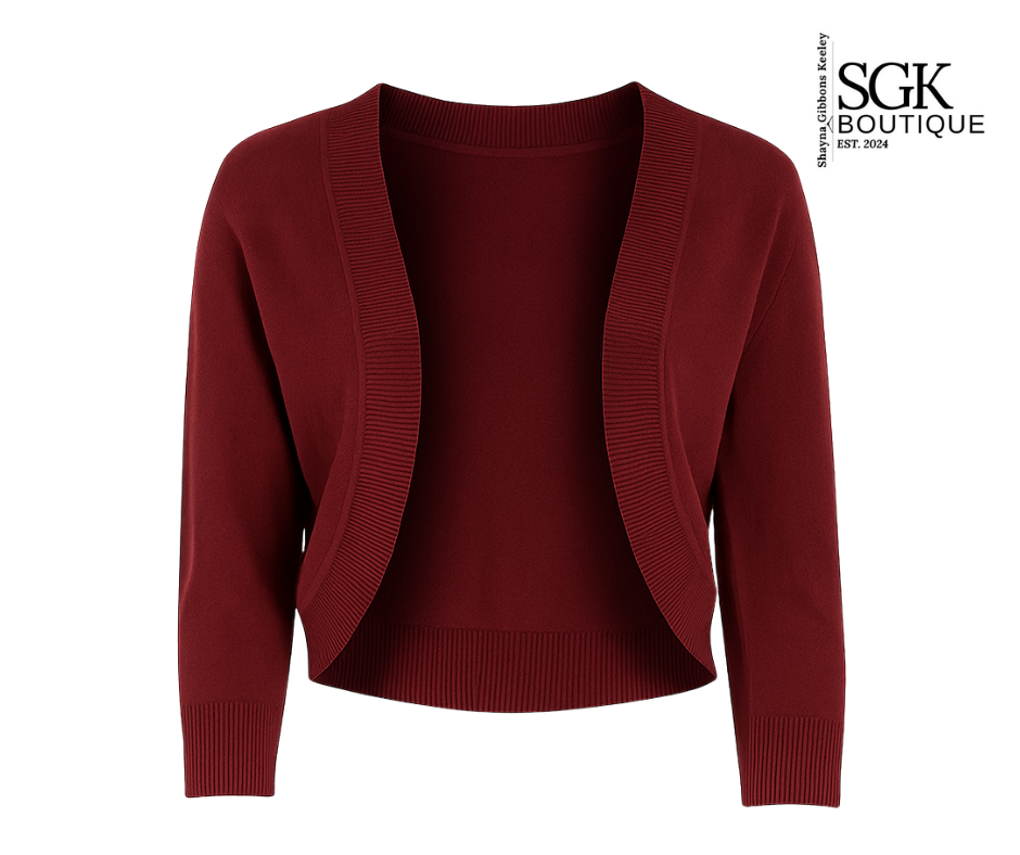 Red sweater on a white background with SGK Boutique logo.