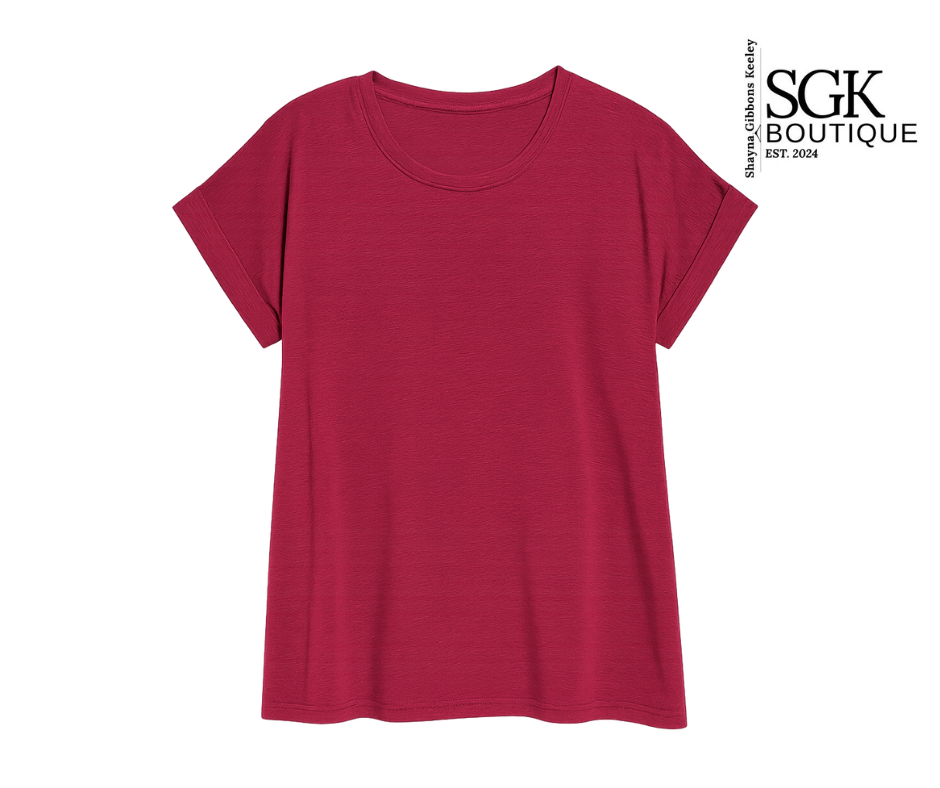 Burgundy t-shirt on a white background with SGK Boutique logo.