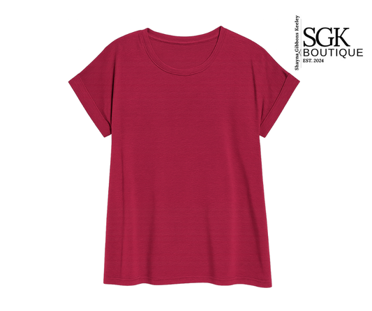 Burgundy t-shirt on a white background with SGK Boutique logo.