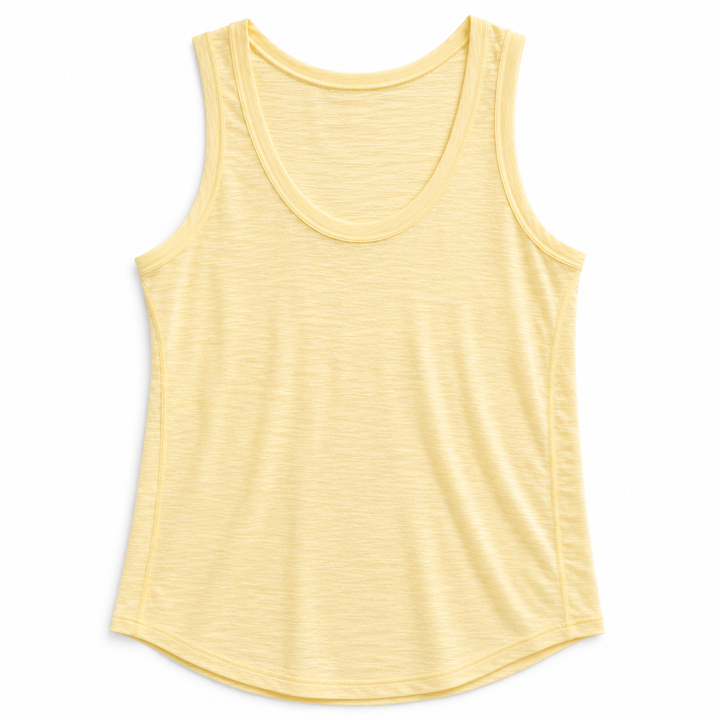 A pale yellow sleeveless tank top with a wide scoop neckline, displayed flat against a plain white background.