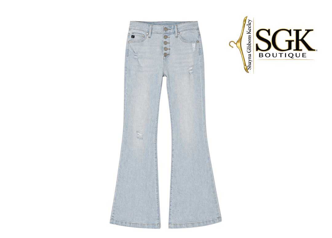 Light blue jeans with a button fly on a white background, featuring the SGK Boutique logo.