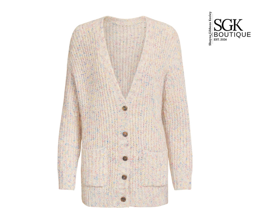 Beige cardigan with buttons on a white background, featuring SGK Boutique logo.