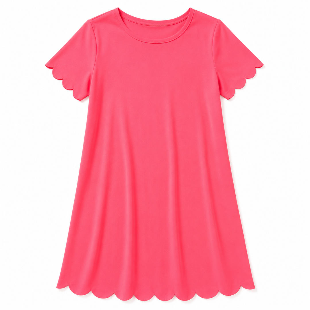 Pink dress with scalloped sleeves on a white background