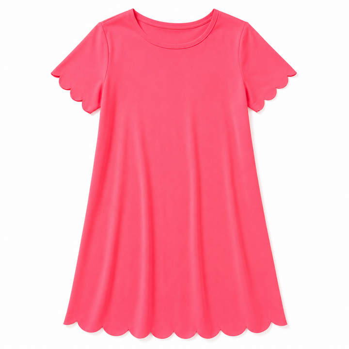 Pink dress with scalloped sleeves on a white background