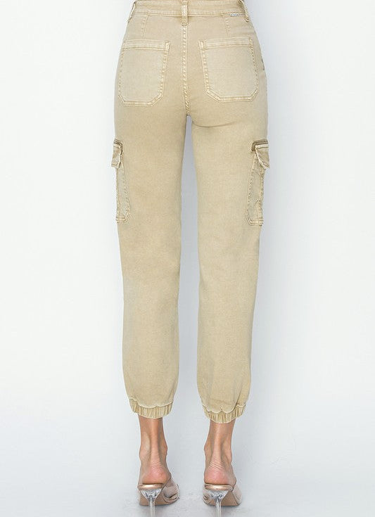 Beige cargo pants on a white background