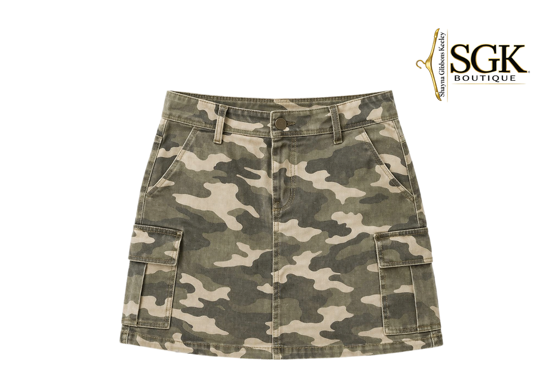 Camouflage skirt with multiple pockets on a white background, featuring the SGK Boutique logo.
