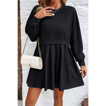 Solid Drop Shoulder Ruched Fit Patchwork Dress: