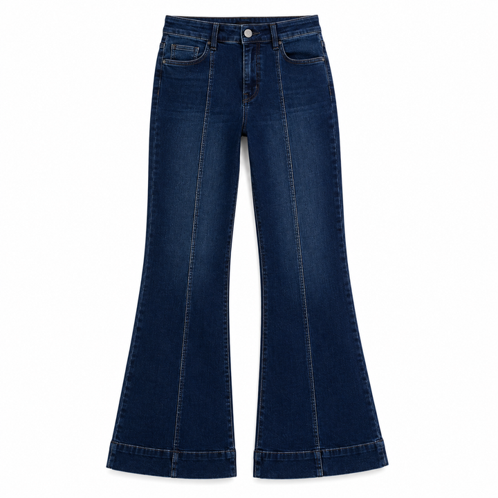 A pair of dark blue denim flare jeans shown flat against a plain white background.