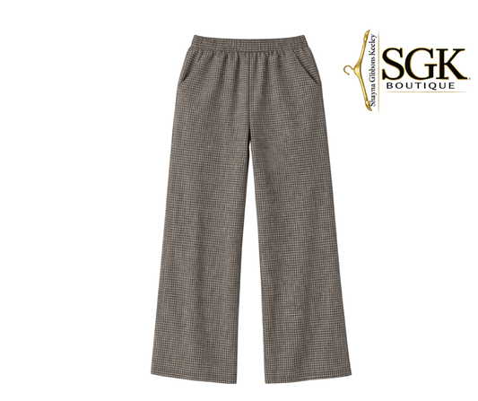 Plaid pants on a white background with SGK Boutique logo.