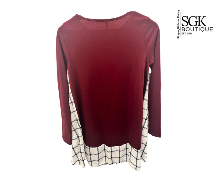 Maroon top with plaid hem and sleeves on a white background, featuring SGK Boutique logo.