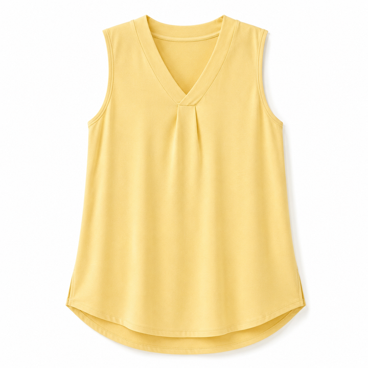 A yellow sleeveless V-neck top with a gathered front detail, displayed flat against a white background.