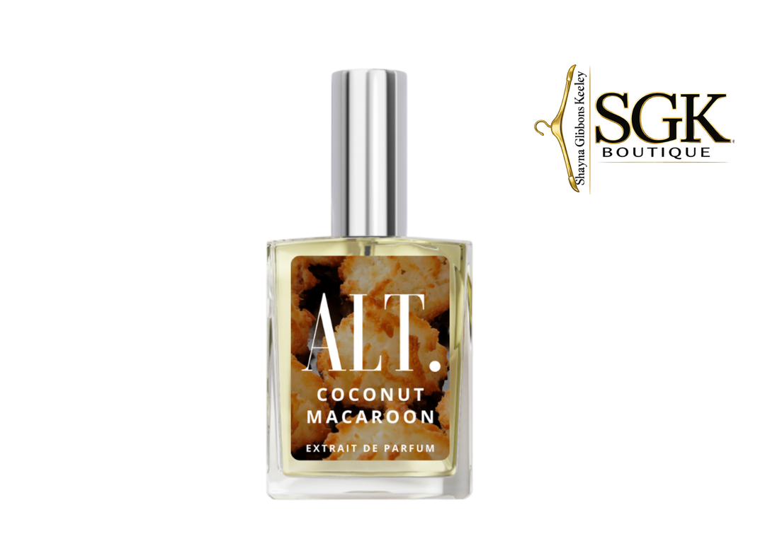 Perfume bottle labeled 'ALT. Coconut Macaron' with SGK Boutique logo on a white background