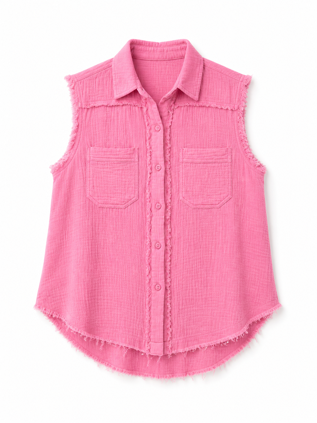 Pink sleeveless button-up shirt on a white background