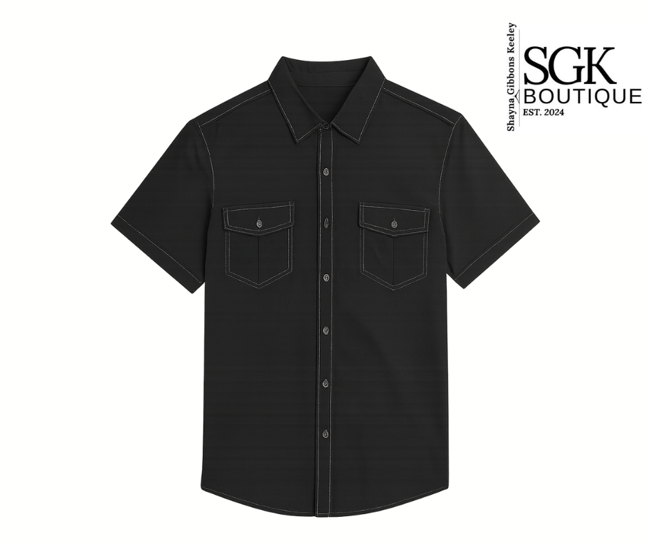 Black short-sleeve shirt with two front pockets on a white background, featuring the SGK Boutique logo.