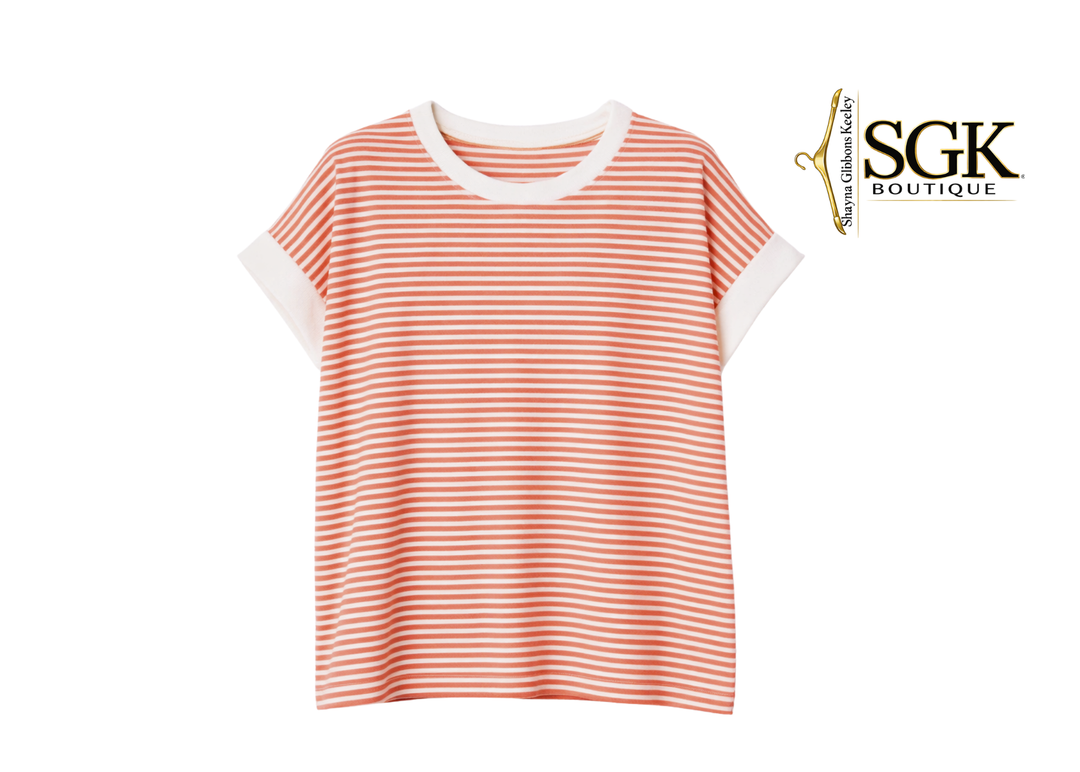 Coral and white striped t-shirt on a white background with SGK Boutique logo.