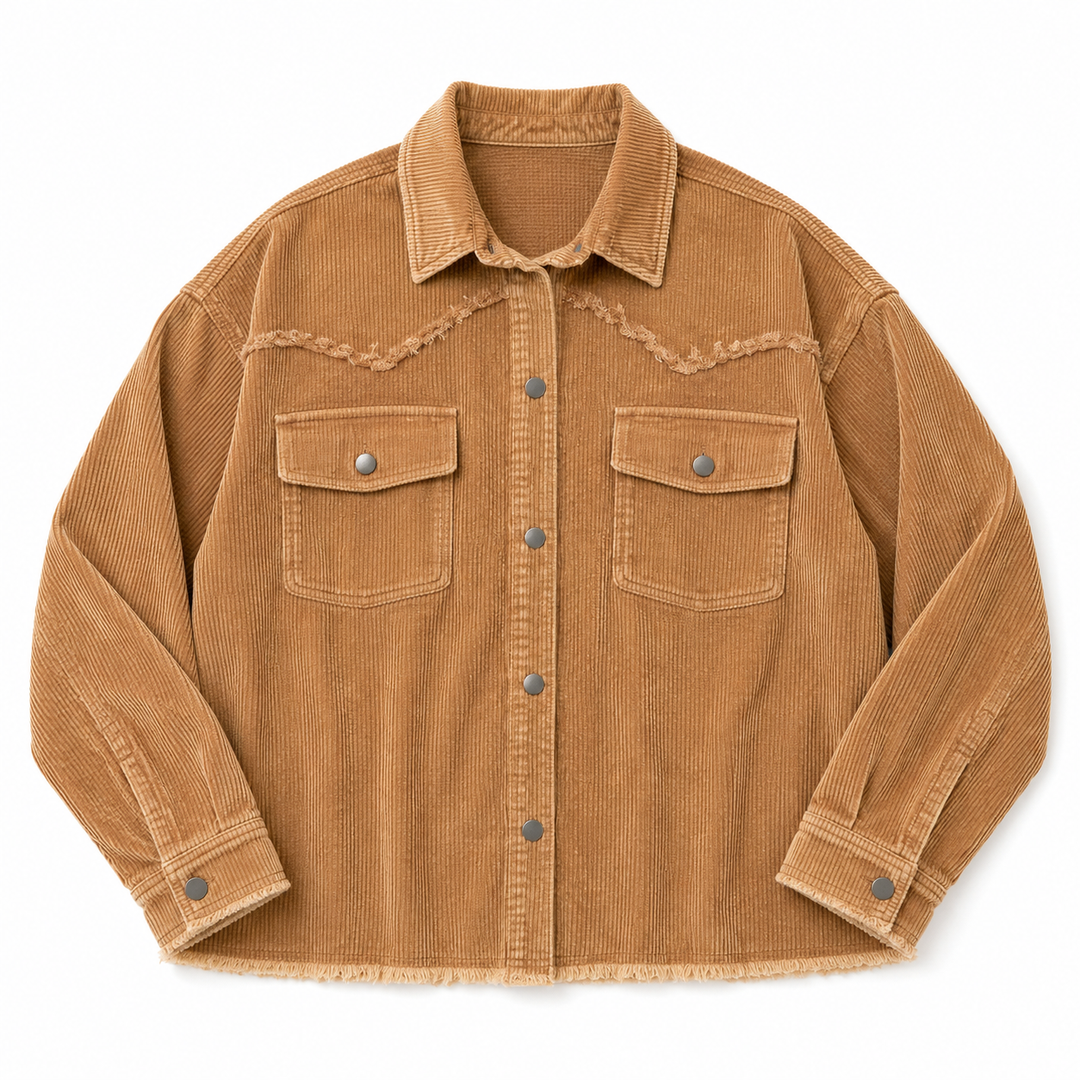 A tan corduroy western-style jacket with raw-edge frayed detailing, buttoned chest pockets, and decorative stitching, shown flat on a white background.