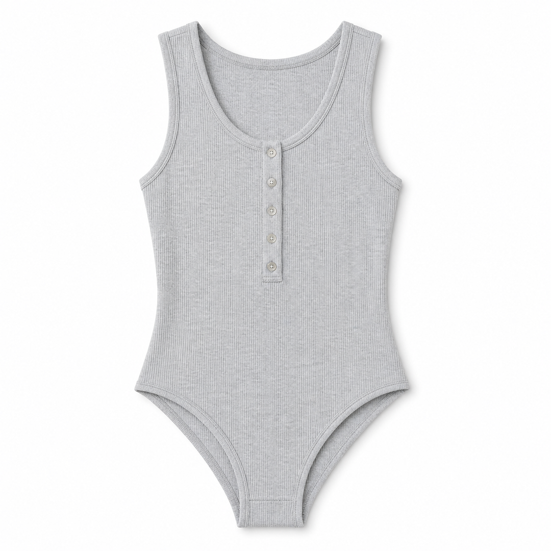Gray ribbed tank bodysuit on a white background