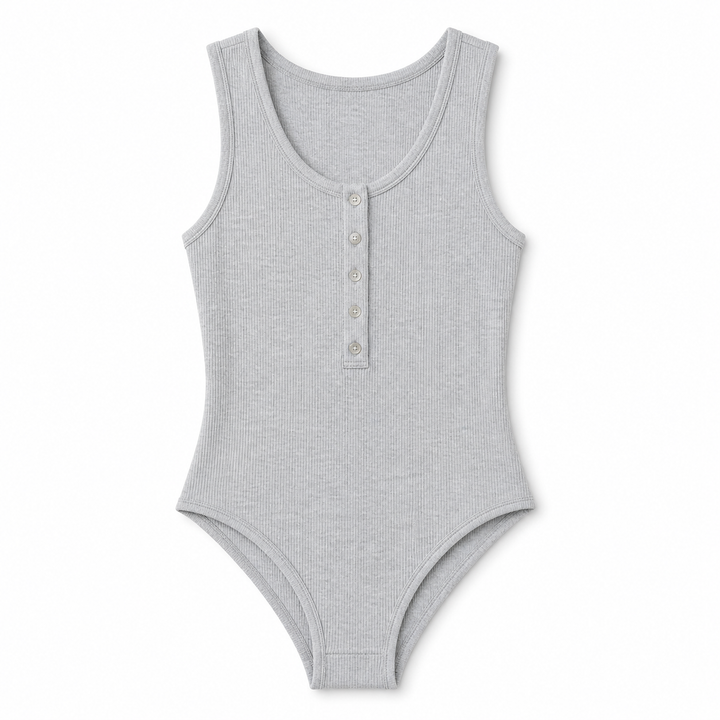 Gray ribbed tank bodysuit on a white background