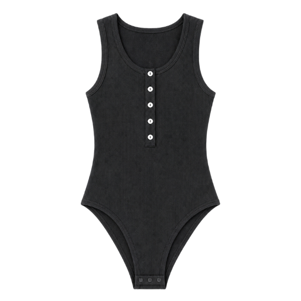 Black ribbed tank bodysuit with button details on a white background