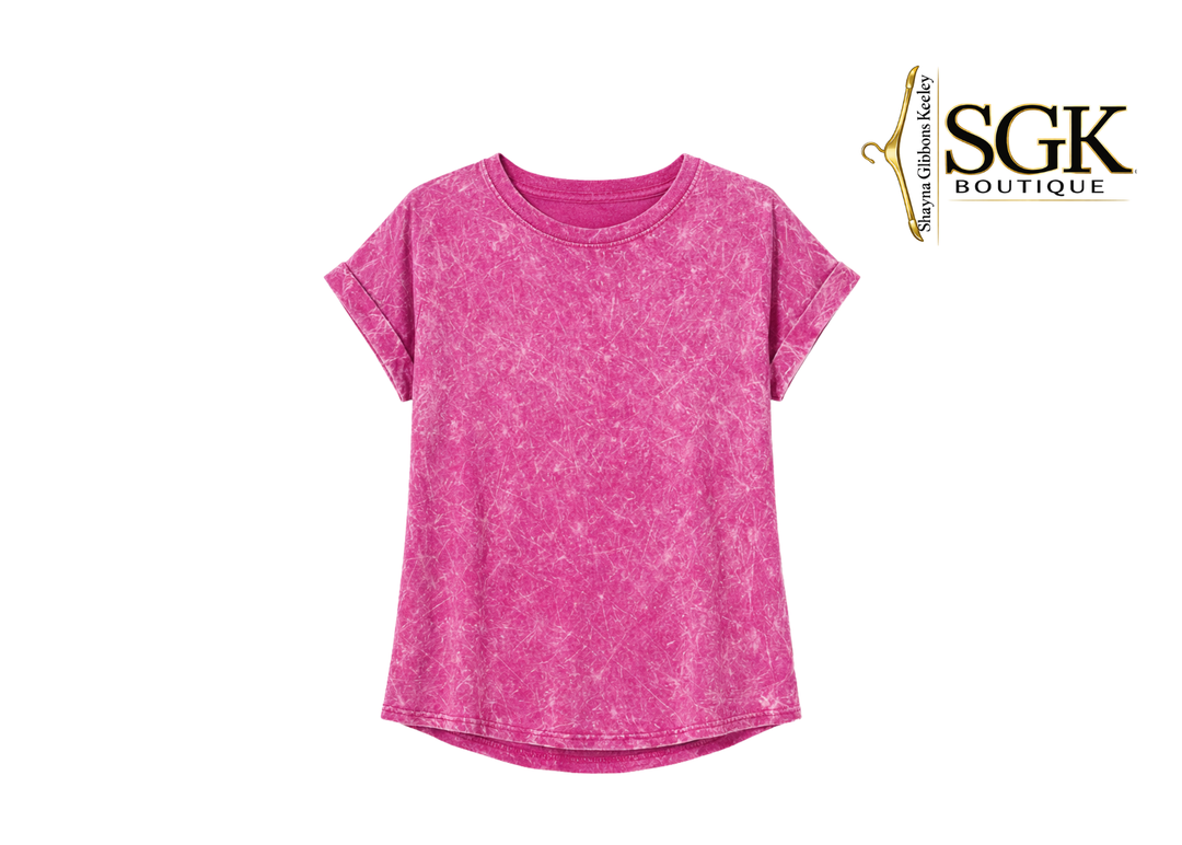 Magenta t-shirt on a white background with SGK Boutique logo.