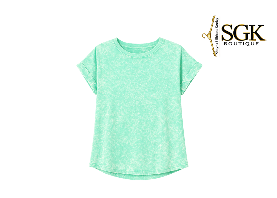 Mint green t-shirt on a white background with SGK Boutique logo.