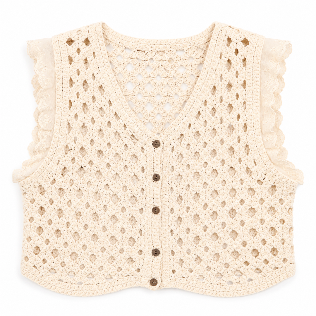A cream-colored crochet vest with a V-neck, button-up front, and ruffled sleeve edges, displayed flat against a white background.