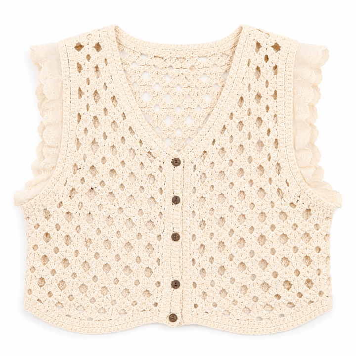 A cream-colored crochet vest with a V-neck, button-up front, and ruffled sleeve edges, displayed flat against a white background.