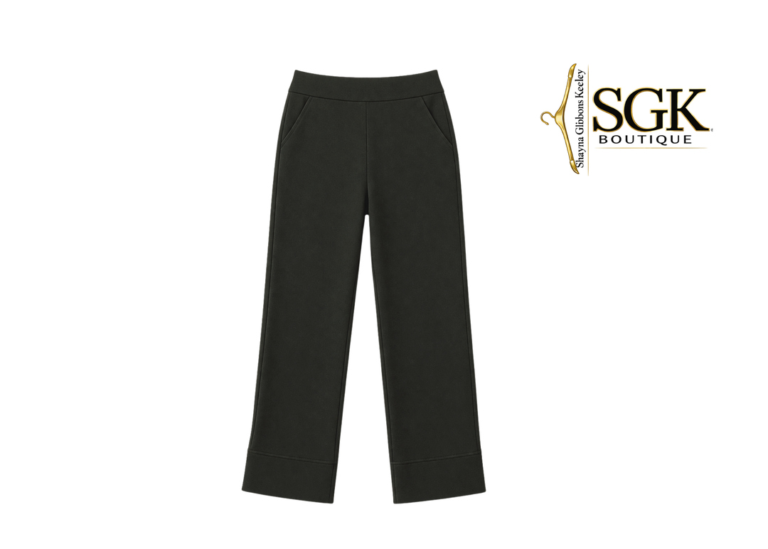 Black pants on a white background with SGK Boutique logo.