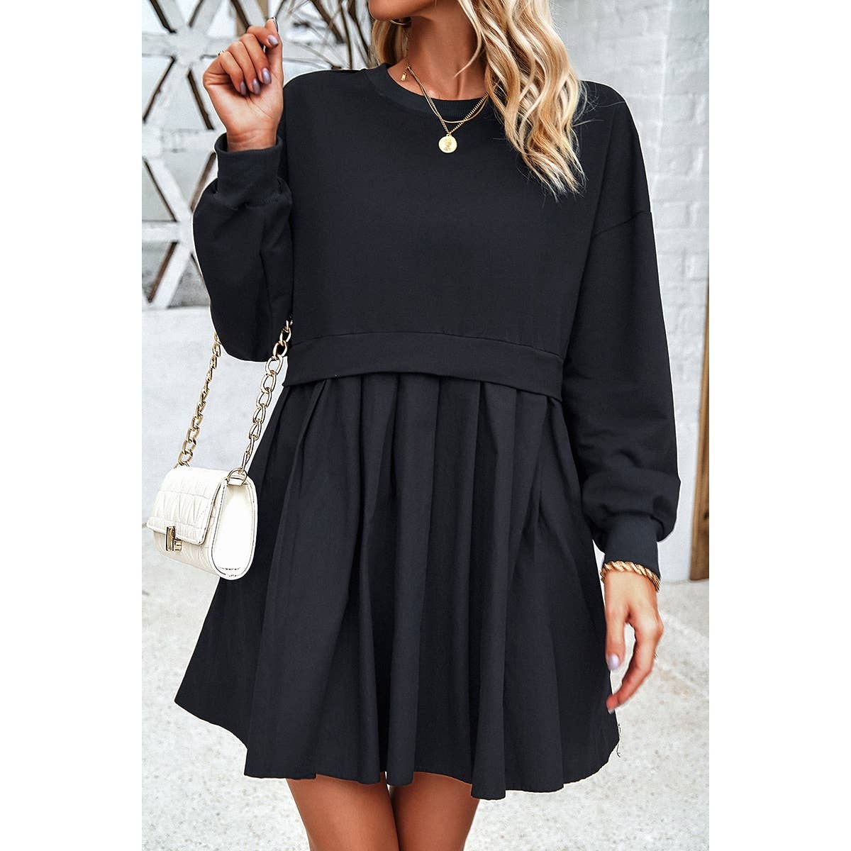 Solid Drop Shoulder Ruched Fit Patchwork Dress: