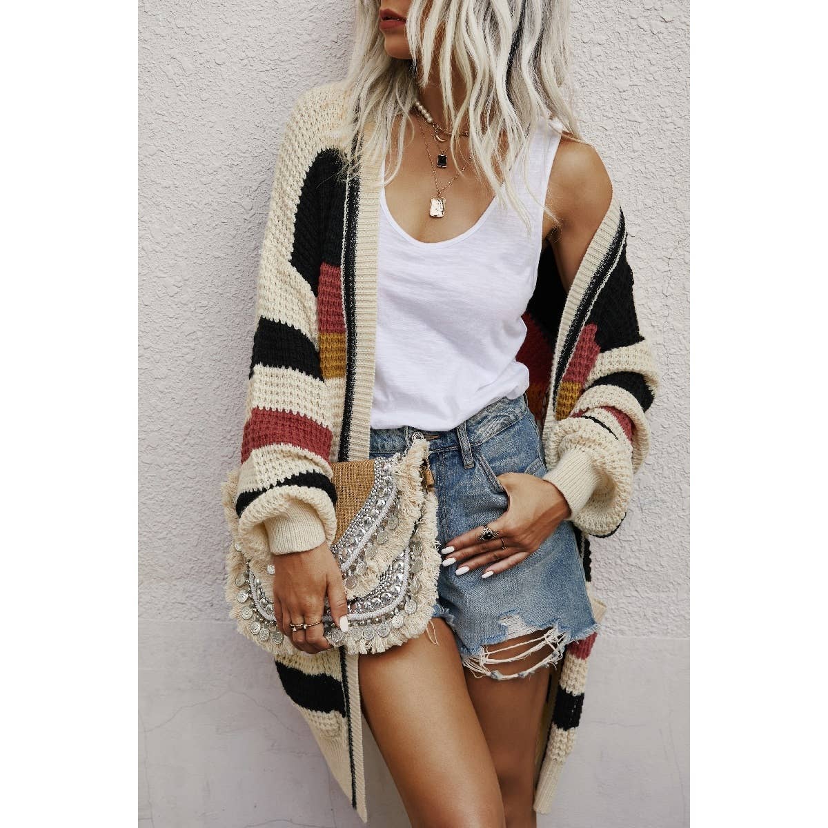 Knit Strip Long Sleeves Cardigan